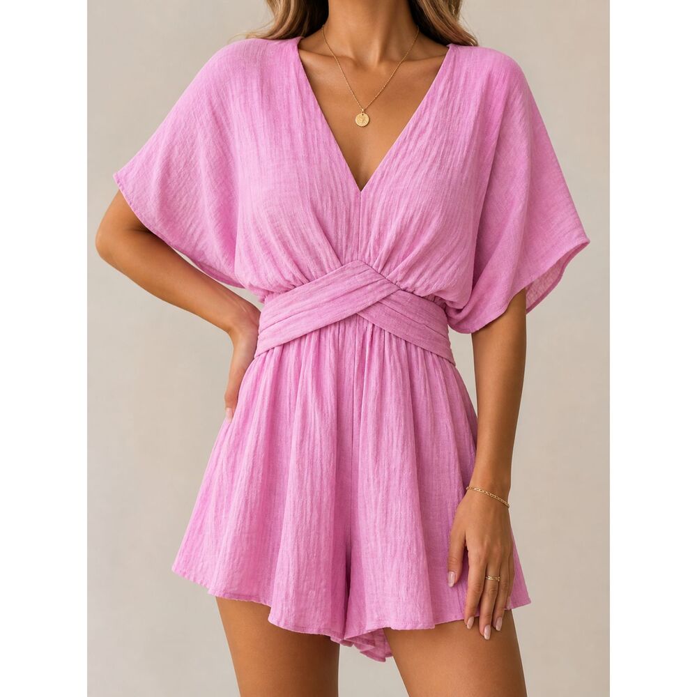 Lush Pink Romper Mini Dress Gauze V-Neck Tie Waist Flowy Boho Feminine S NWT